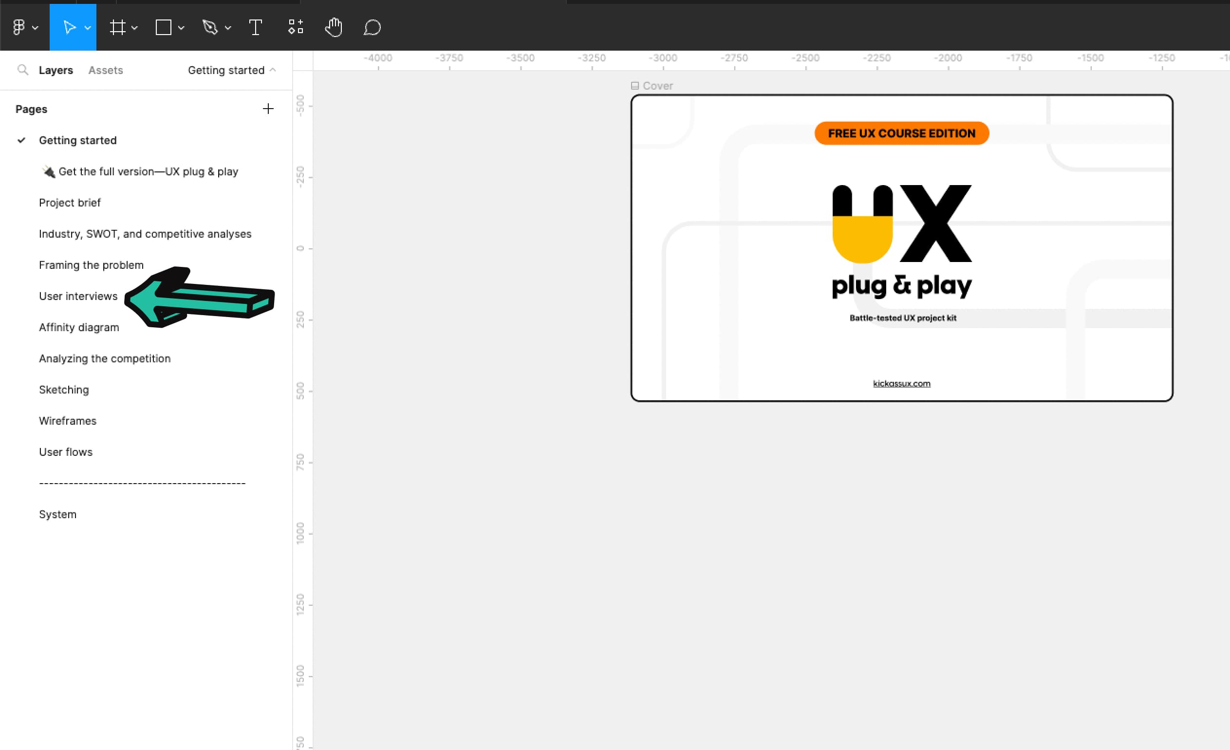 Image of our Figma workbook with an arrow pointing to the User Interviews tab