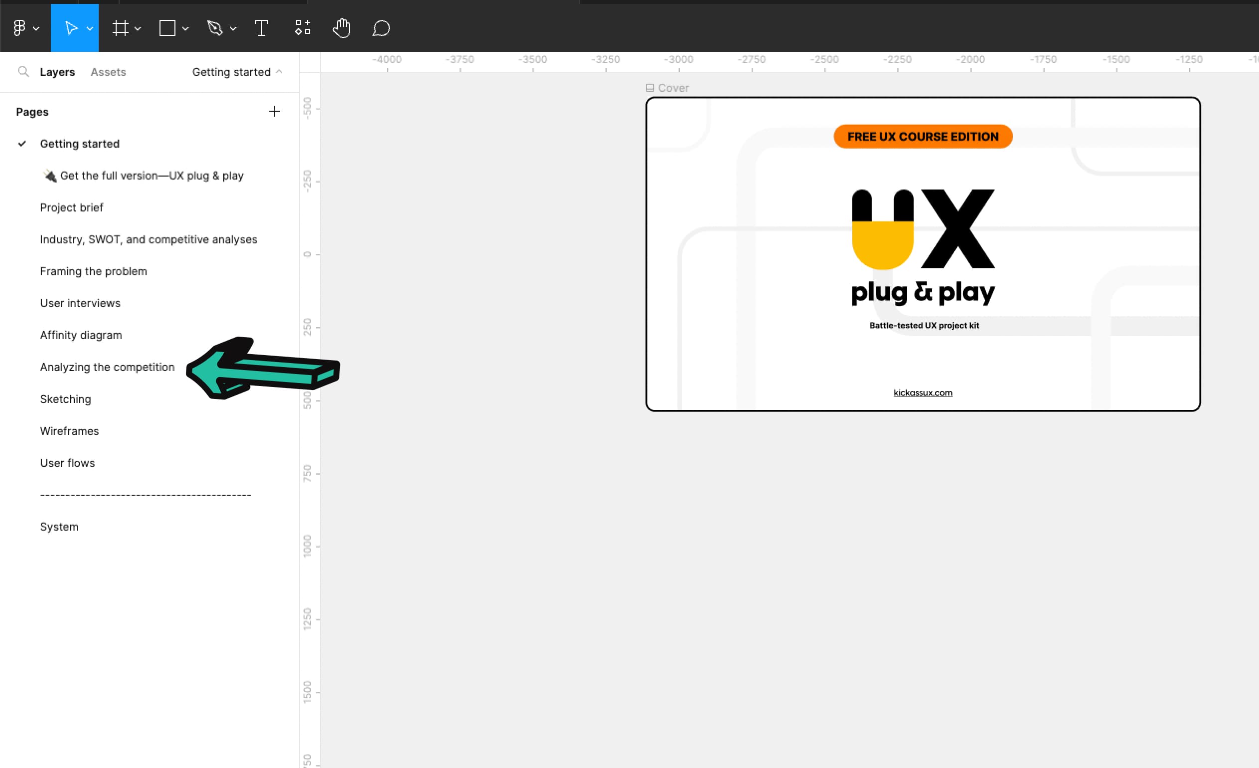 Image of our Figma workbook with an arrow pointing to the Analyzing the competition tab