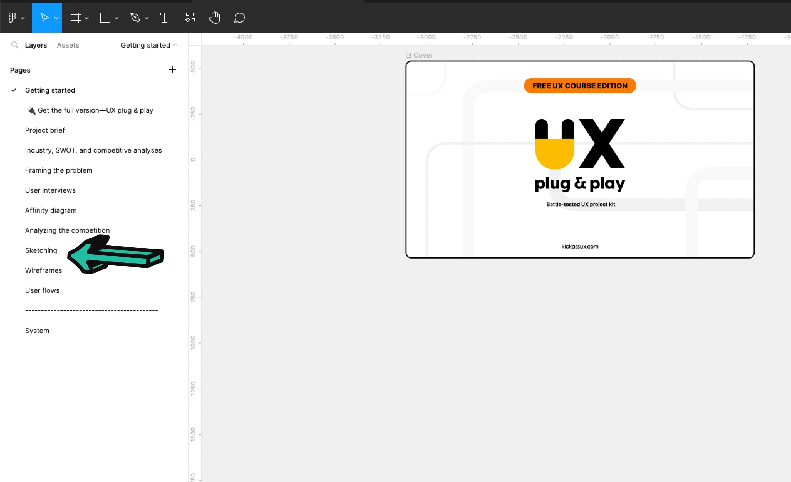 Image of our Figma workbook with an arrow pointing to the Sketching tab