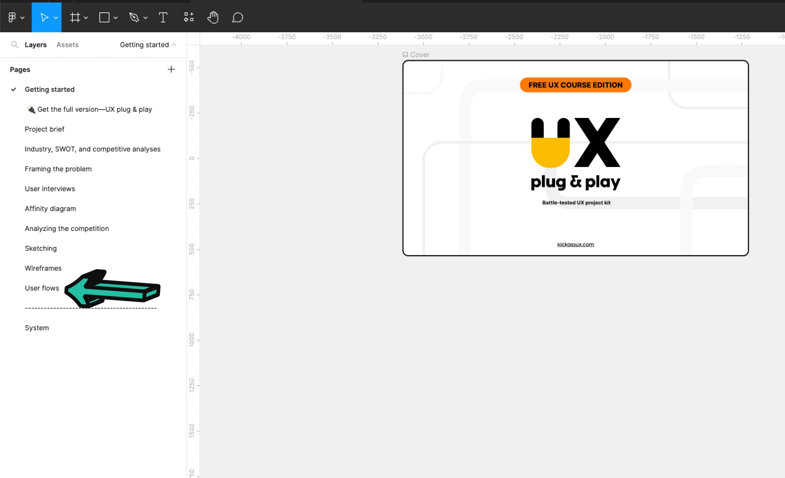 Image of our Figma workbook with an arrow pointing to the User flows tab