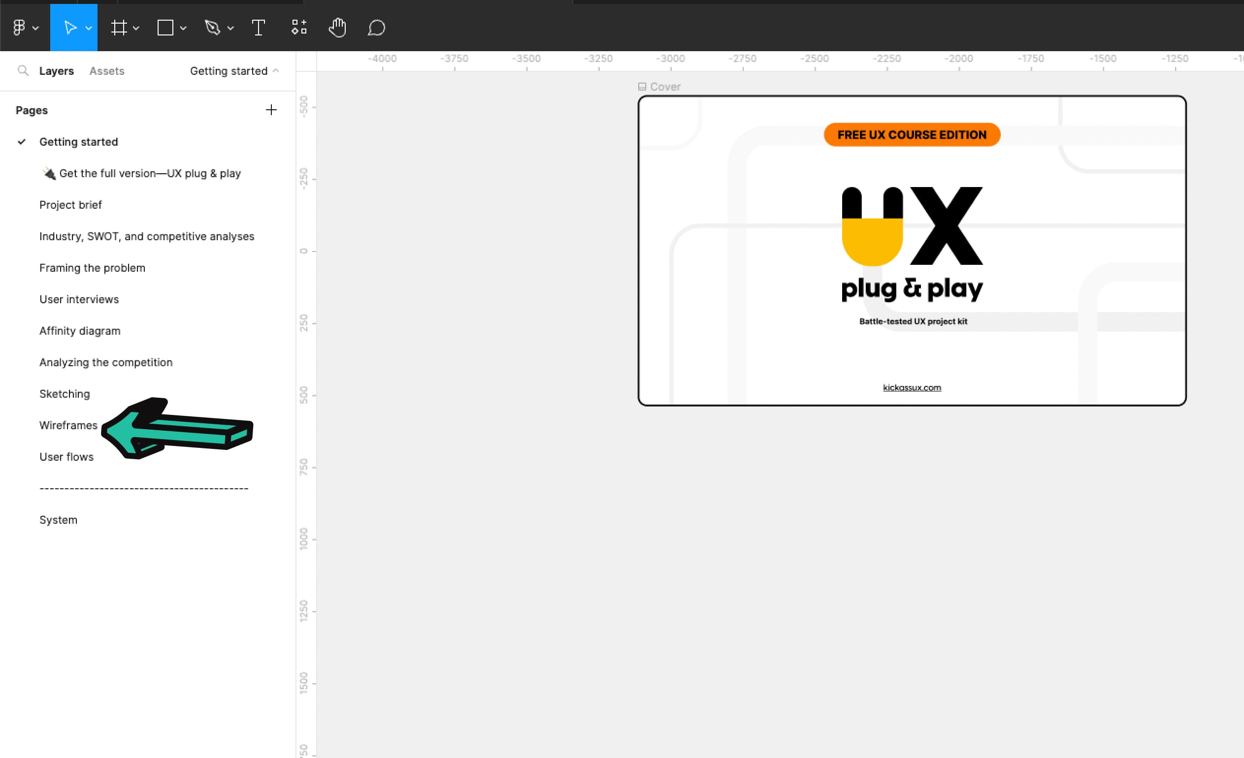 Image of our Figma workbook with an arrow pointing to the Wireframes tab