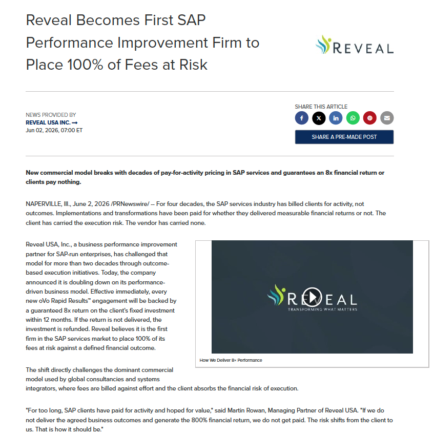 Reveal Becomes First SAP Performance Improvement Firm to Place 100% of Fees at Risk
