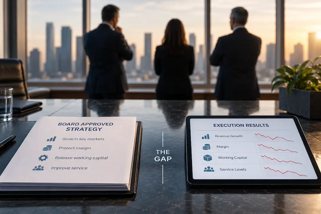 Boardroom strategy document beside operational performance results showing the gap between approved plan and delivered outcome