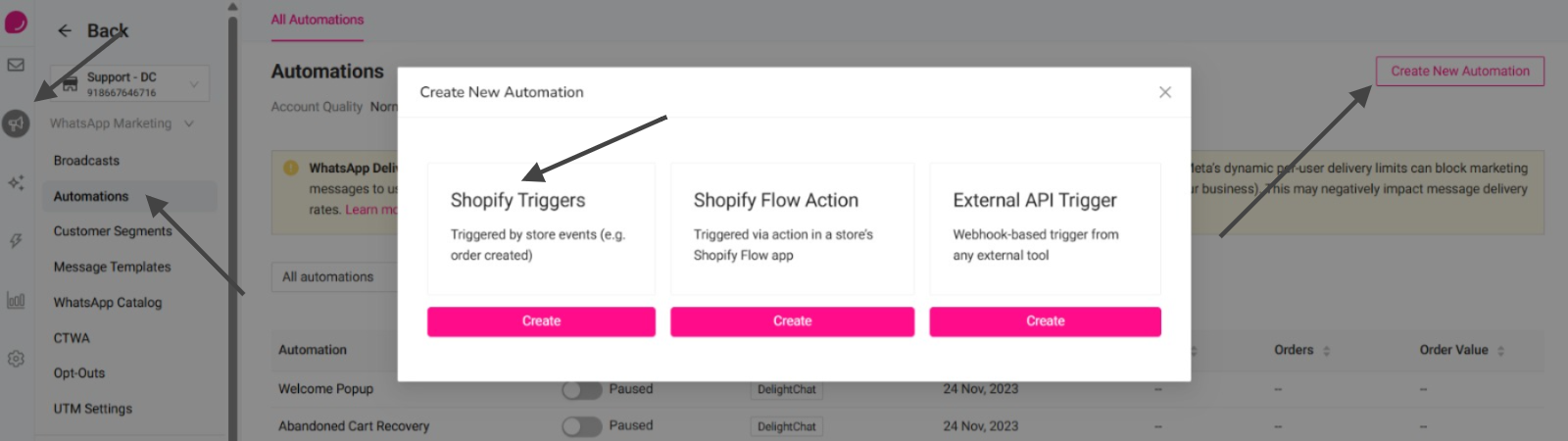 Login to the DelightChat, click on **Marketing**, go to **Automations**, click **Create New Automation**, and select **Shopify Triggers**.