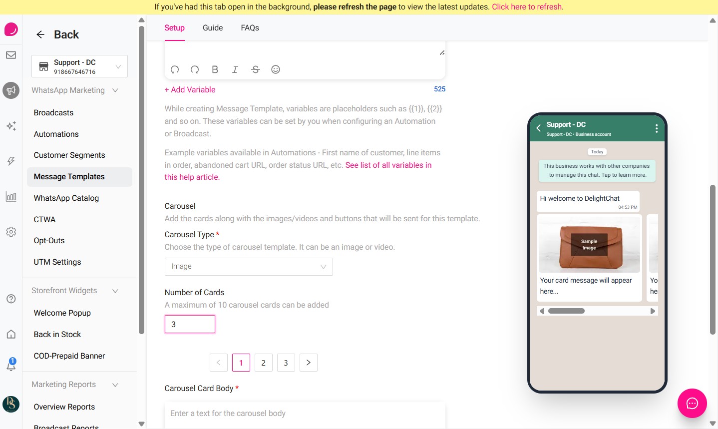 ### [[Select the Number of Cards. Enter the number of carousel cards you want to add. You can add up to ]]**[[10 carousel cards]]**[[ in one template.]]