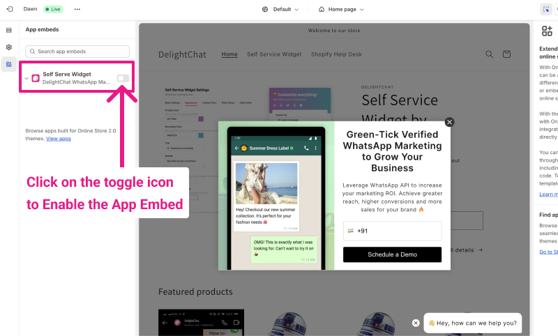 Shopify theme editor showing the SelfServe Widget app embed toggle enabled