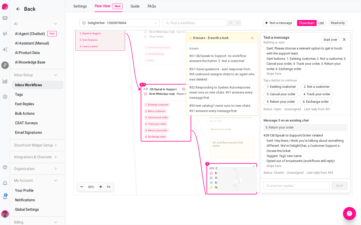 Test a message simulation showing a highlighted workflow path and the example customer reply