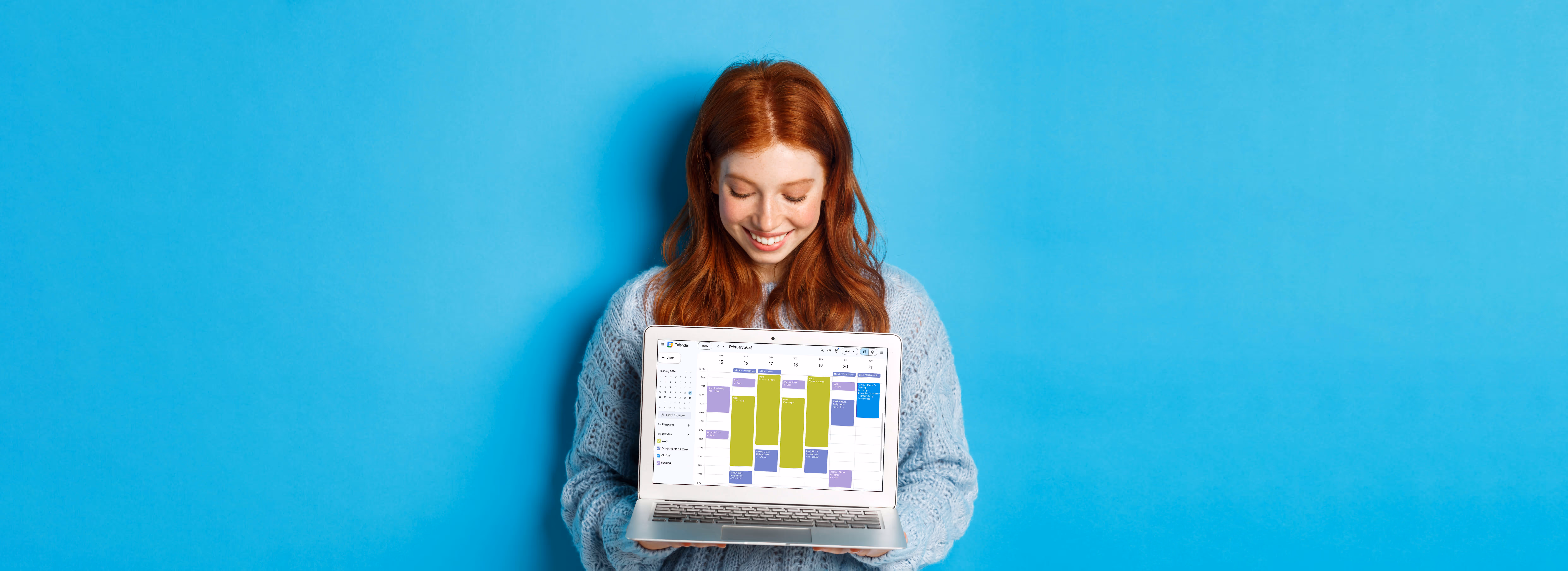 Smiling red-haired woman holding a laptop displaying a digital calendar with color-coded events, against a bright blue background.