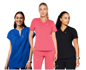 Three students wearing Fabletics scrubs in blue, pink and black