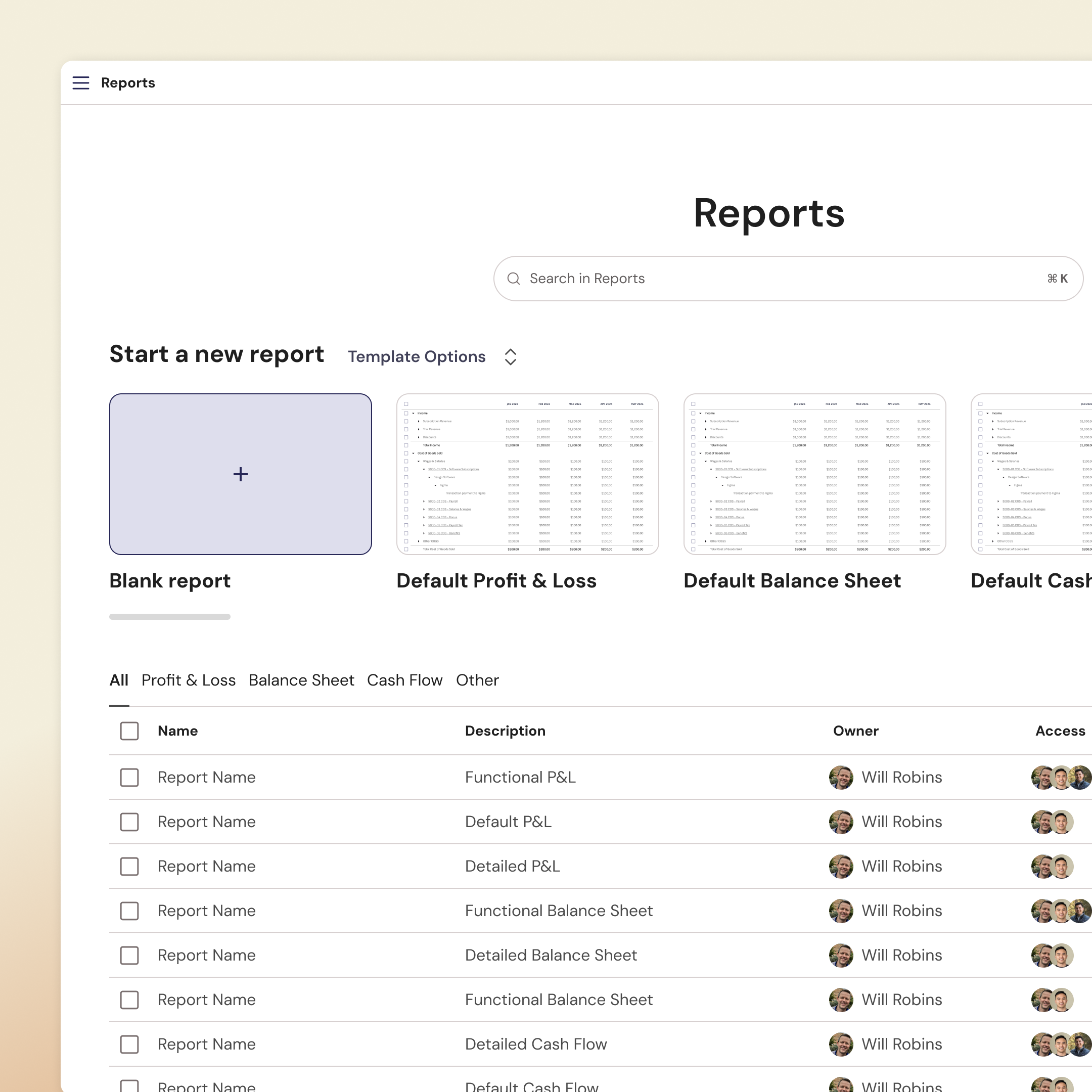 Example of a reports page