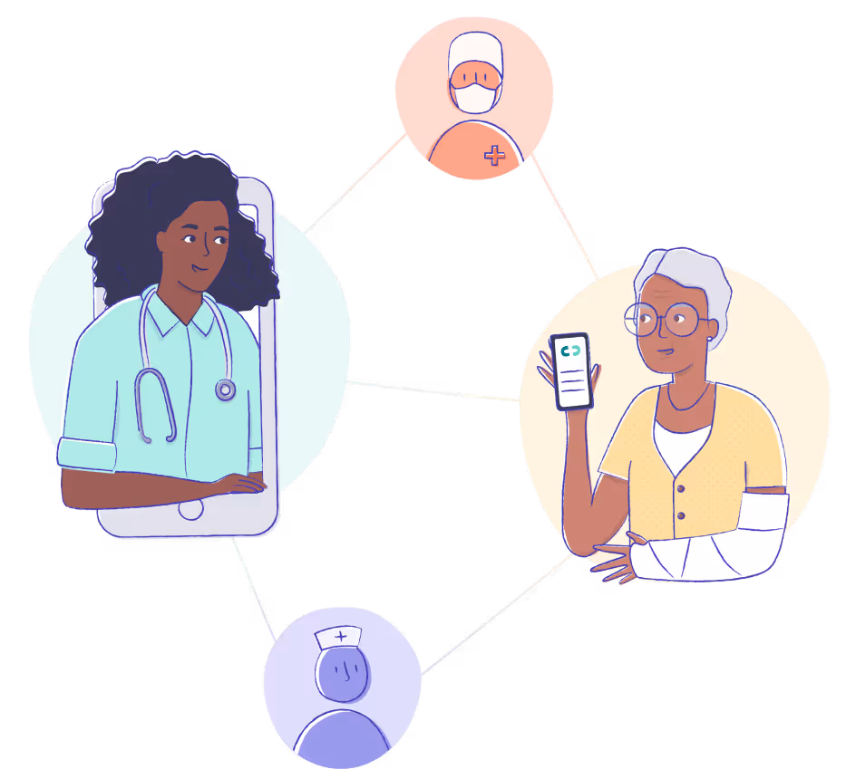 Female patient with arm in cast uses phone to communicate with network of healthcare professionals