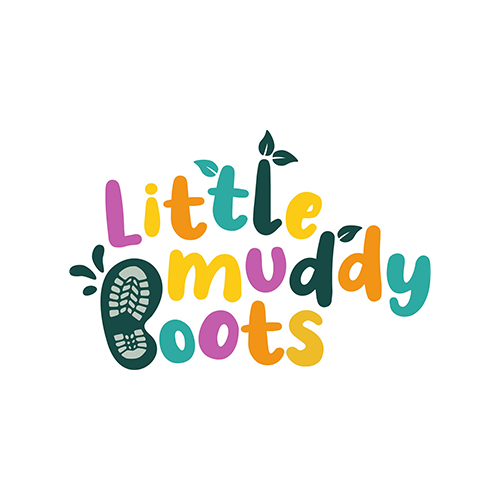 The Little Muddy Boots logo features playful, colourful lettering in shades of pink, yellow, green, orange, and teal. The letter “B” in “Boots” is stylised as a muddy boot print, and several small green leaves are incorporated into the design, suggesting a nature-focused theme. The background is white.