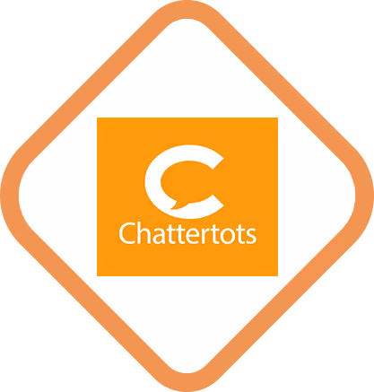 Chattertots logo featuring a large white “C” with a speech bubble tail inside an orange square. Below the “C” is the word “Chattertots” in white text. The logo is set within a white diamond shape outlined in orange