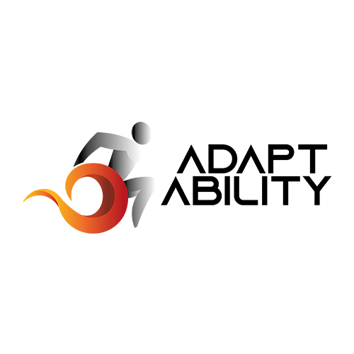 Logo for ‘AdaptAbility’ featuring a stylised figure in motion using a wheelchair. The figure is shaded in grey, with a dynamic, orange-to-red gradient wheel suggesting movement. The word ‘ADAPTABILITY’ is split into two lines, with a modern, geometric font style