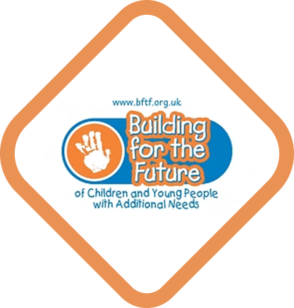 Chattertots logo featuring a large white “C” with a speech bubble tail inside an orange square. Below the “C” is the word “Chattertots” in white text. The logo is set within a white diamond shape outlined in orange
