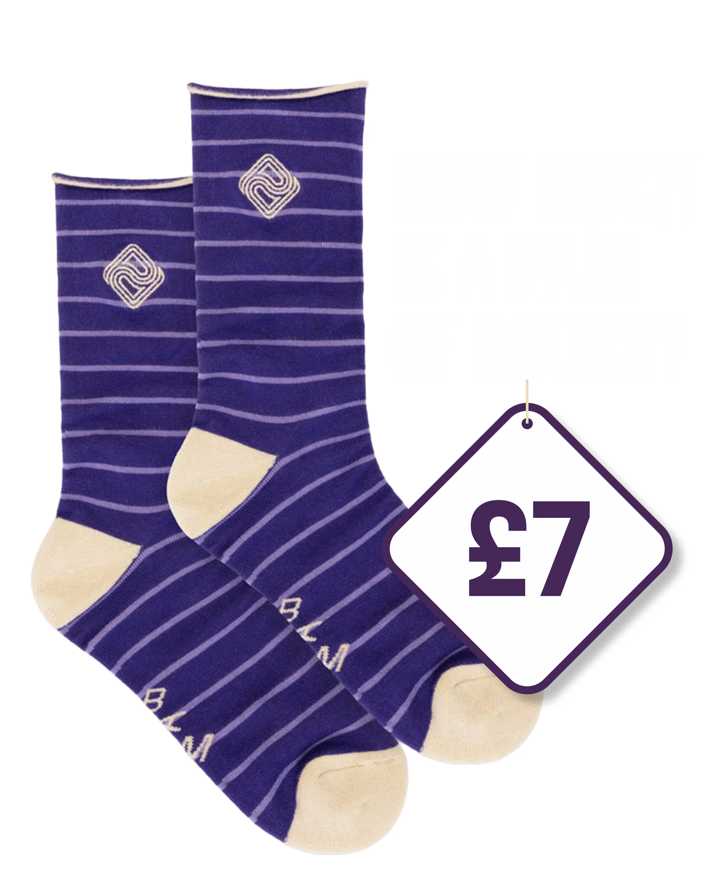 Pair of purple striped socks with cream toes, heels, and cuffs, featuring a woven logo on the ankle. Price tag displayed as £7.