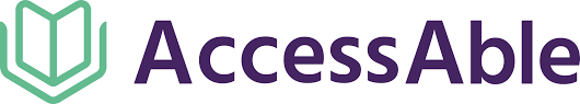 Accessable logo in purple there is a green line illustration of a book to the right of the logo