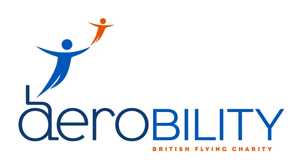Logo for Aerobility featuring a stylized blue figure lifting an orange figure upward, above the word ‘aerobility’ in blue lowercase and uppercase letters. Below, in smaller orange text, it reads ‘British Flying Charity