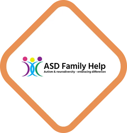 Logo for ASD Family Help featuring three stylized human figures formed by colorful curved lines and circles—pink, yellow, and purple for the heads, with purple, blue, and green bodies—next to the organization name ‘ASD Family Help’ in black text.