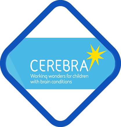 Cerebra logo within a blue-gradient diamond, showing the word “CEREBRA” in white over a light blue panel, a yellow starburst to the right, and the tagline “Working wonders for children with brain conditions.