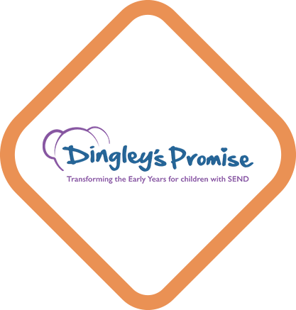 Dingley’s Promise logo displayed in a bronze diamond, with a soft cloud outline and friendly blue script text, plus the tagline “Transforming the Early Years for children with SEND.