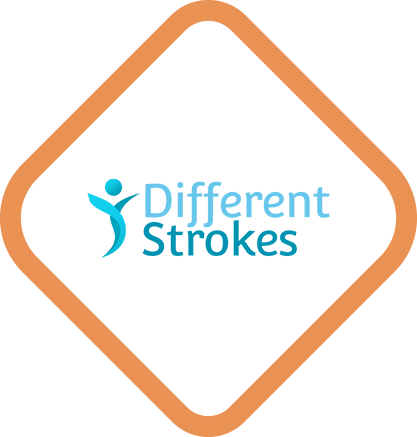 Logo featuring a bronze-outlined diamond shape with a light gray background, a teal abstract human figure on the left, and the words ‘Different Strokes’ in blue and teal lettering
