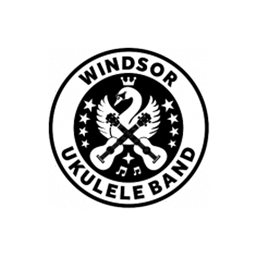 lack-and-white circular logo for Windsor Ukulele Band featuring a swan with spread wings above two crossed ukuleles, surrounded by stars and bold text around the border.