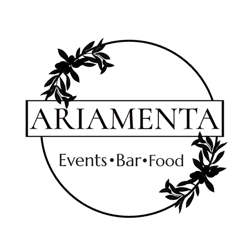 Elegant black-and-white logo with floral branches framing a circular outline and the text ‘ARIAMENTA’ in a rectangular banner, with ‘Events • Bar • Food’ underneath.