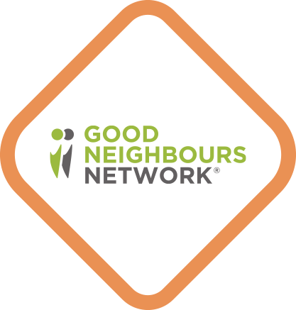 Good Neighbours Network logo featuring green and gray stylized human figures beside the words ‘GOOD NEIGHBOURS NETWORK’ in green and gray text, centered inside a white diamond shape with a thick bronze border