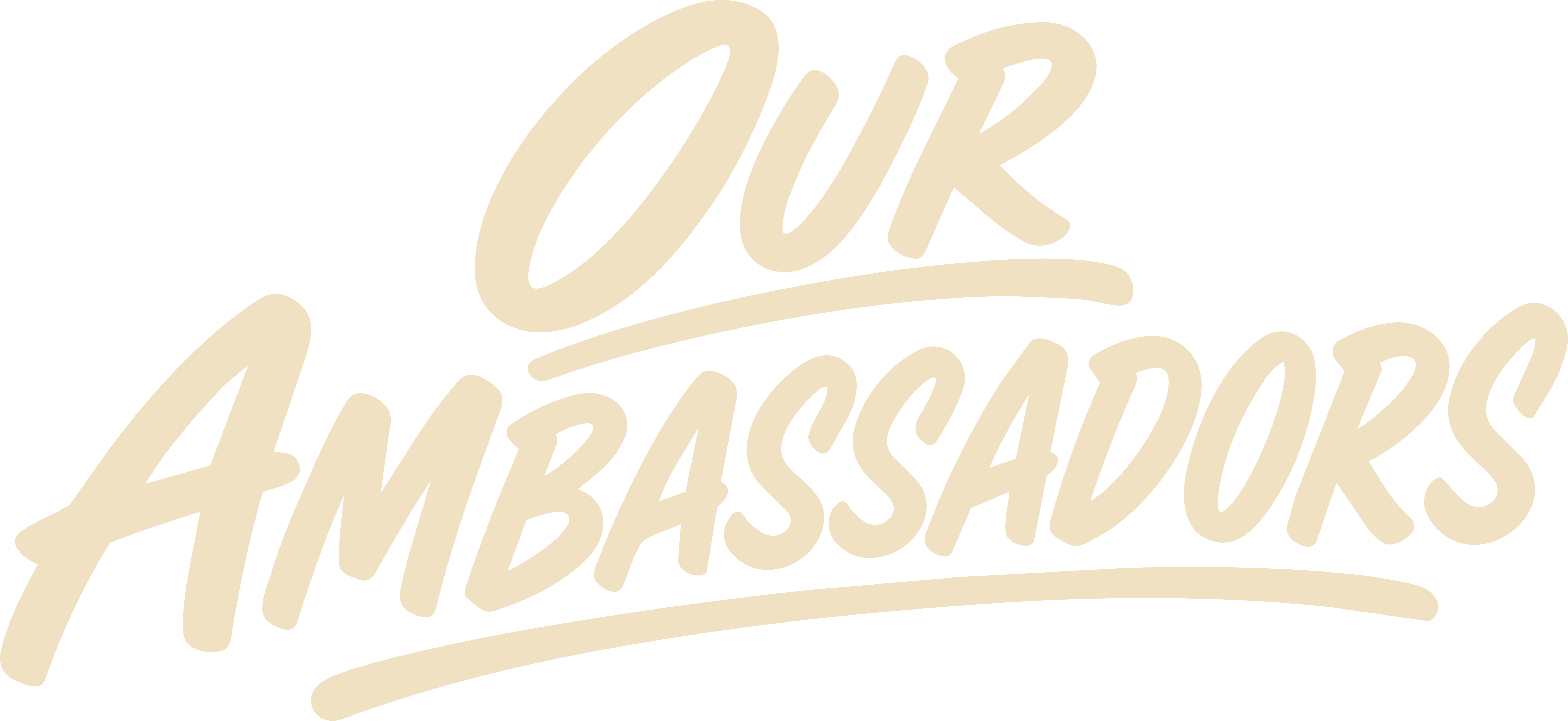 Beige hand-lettered graphic reading “Our Ambassadors,” with decorative underlines on a transparent background