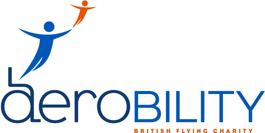 Logo for Aerobility featuring a stylized blue figure lifting an orange figure upward, above the word ‘aerobility’ in blue lowercase and uppercase letters. Below, in smaller orange text, it reads ‘British Flying Charity
