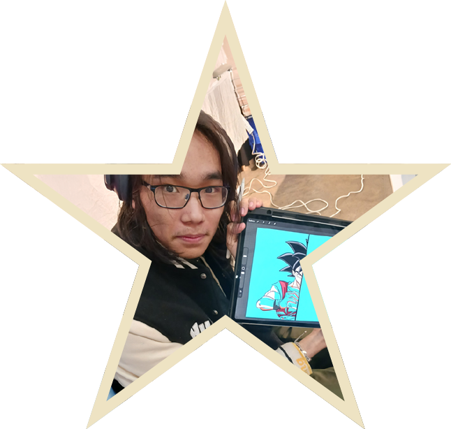 Bilguudei, wearing glasses and a black-and-cream jacket, looks at the camera while holding a drawing tablet displaying colourful anime artwork. The photo is framed inside a gold-outlined star.