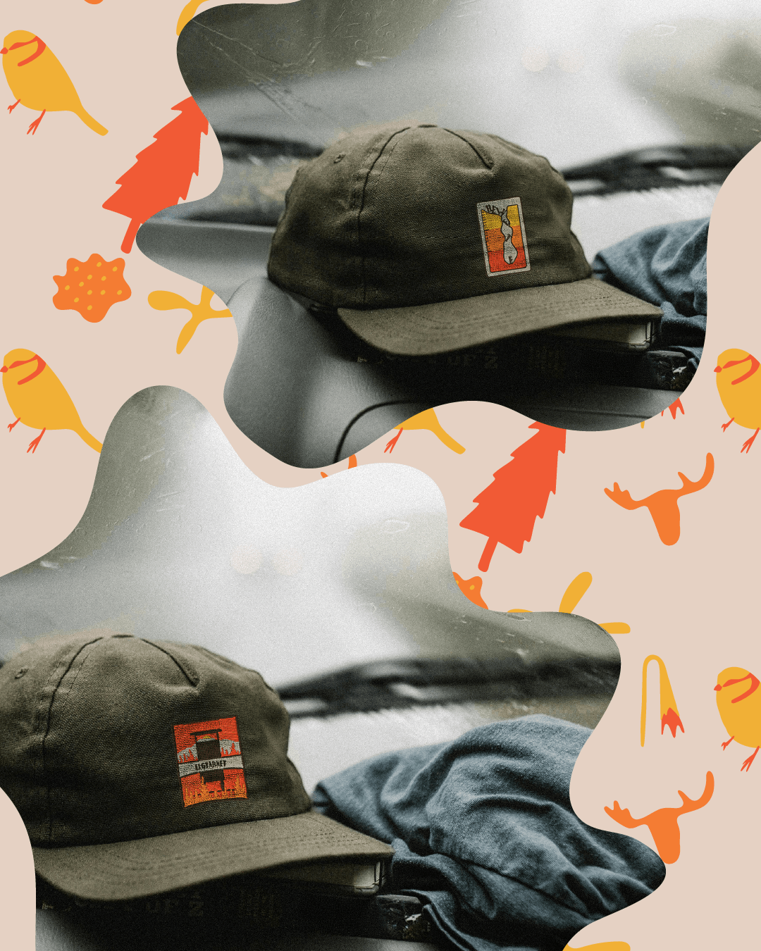 Hats on a dashboard inside a car