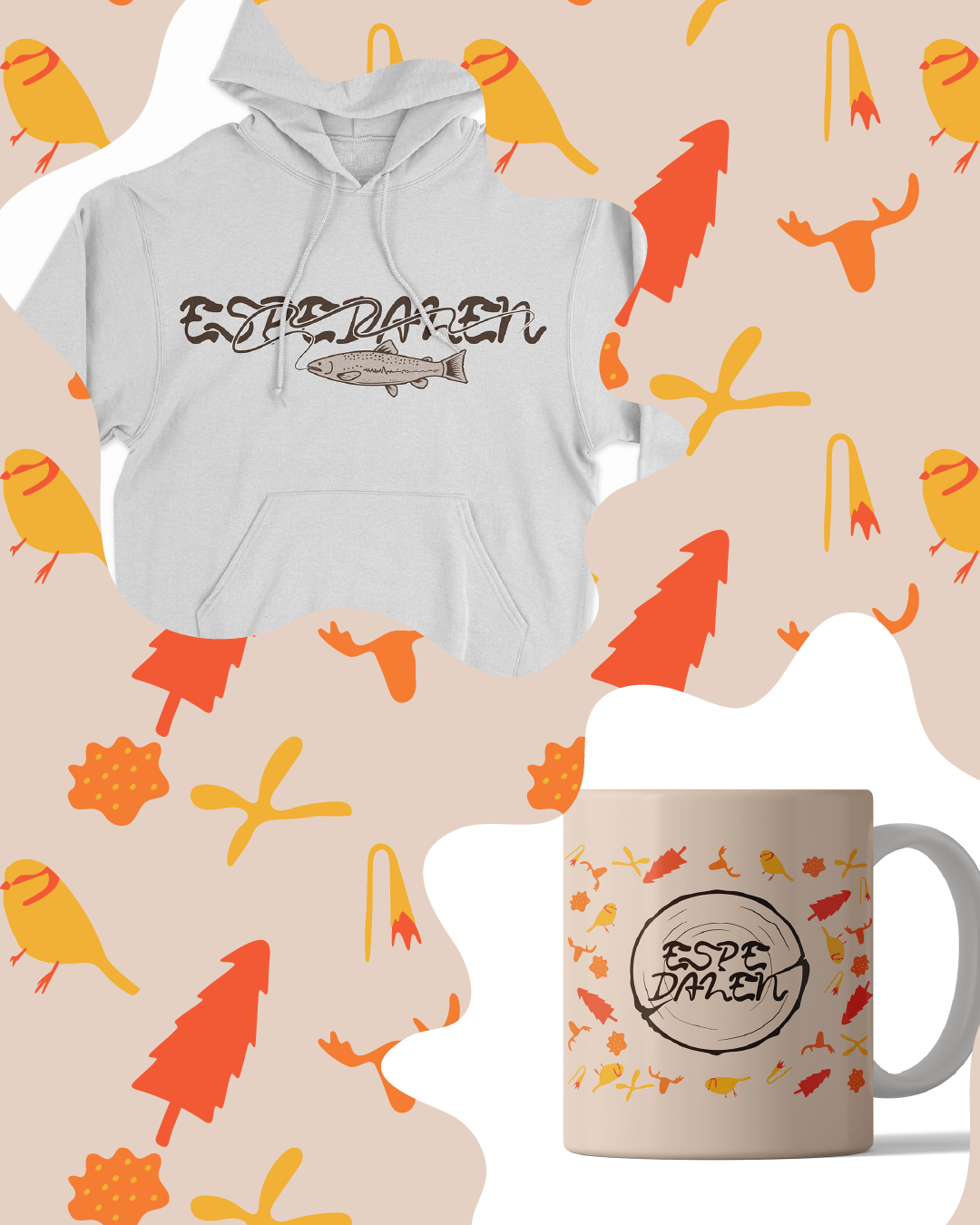 Gray hoodie and a white cup with a logo 