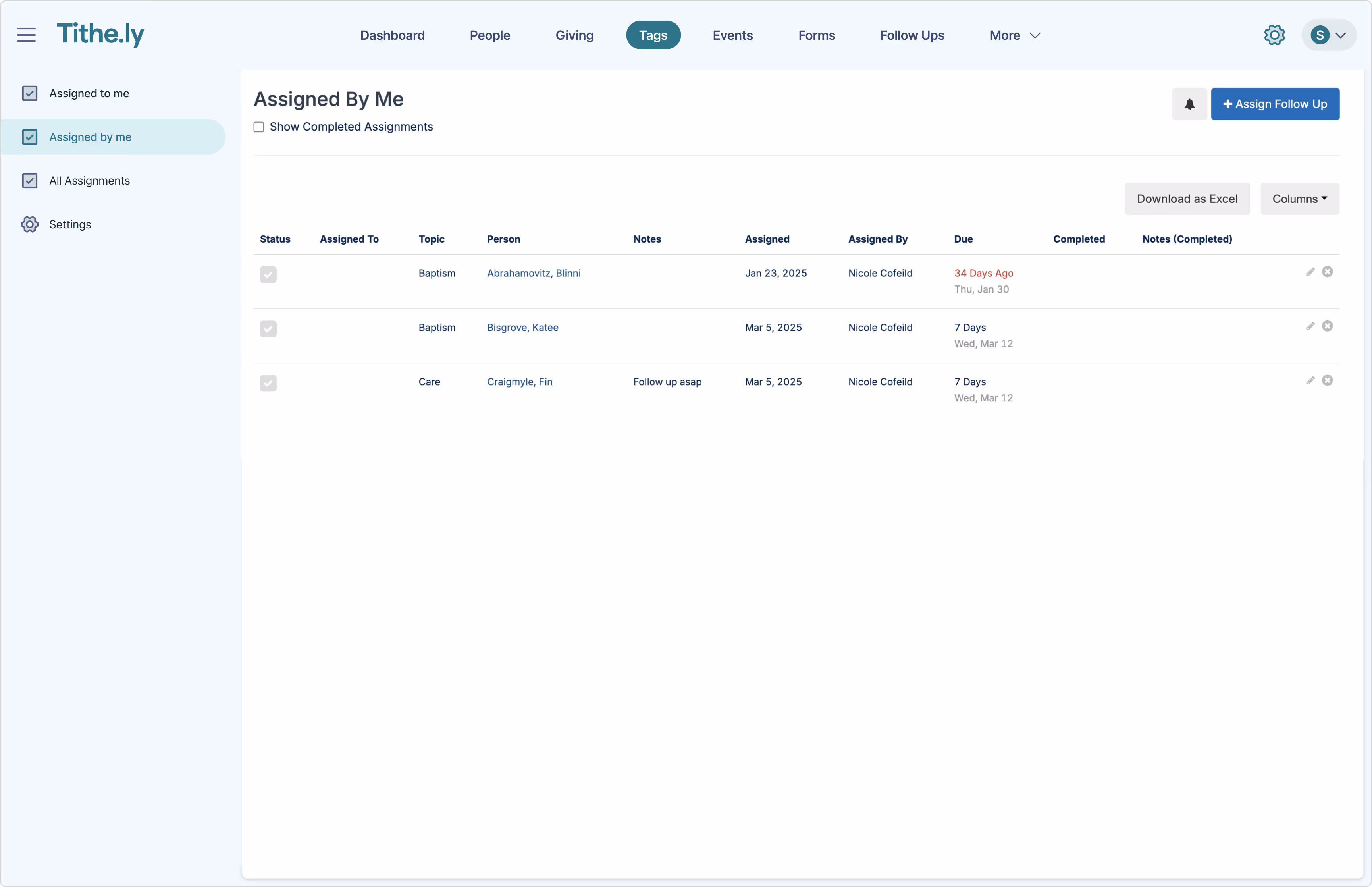 Tithely CHMS followups screenshot