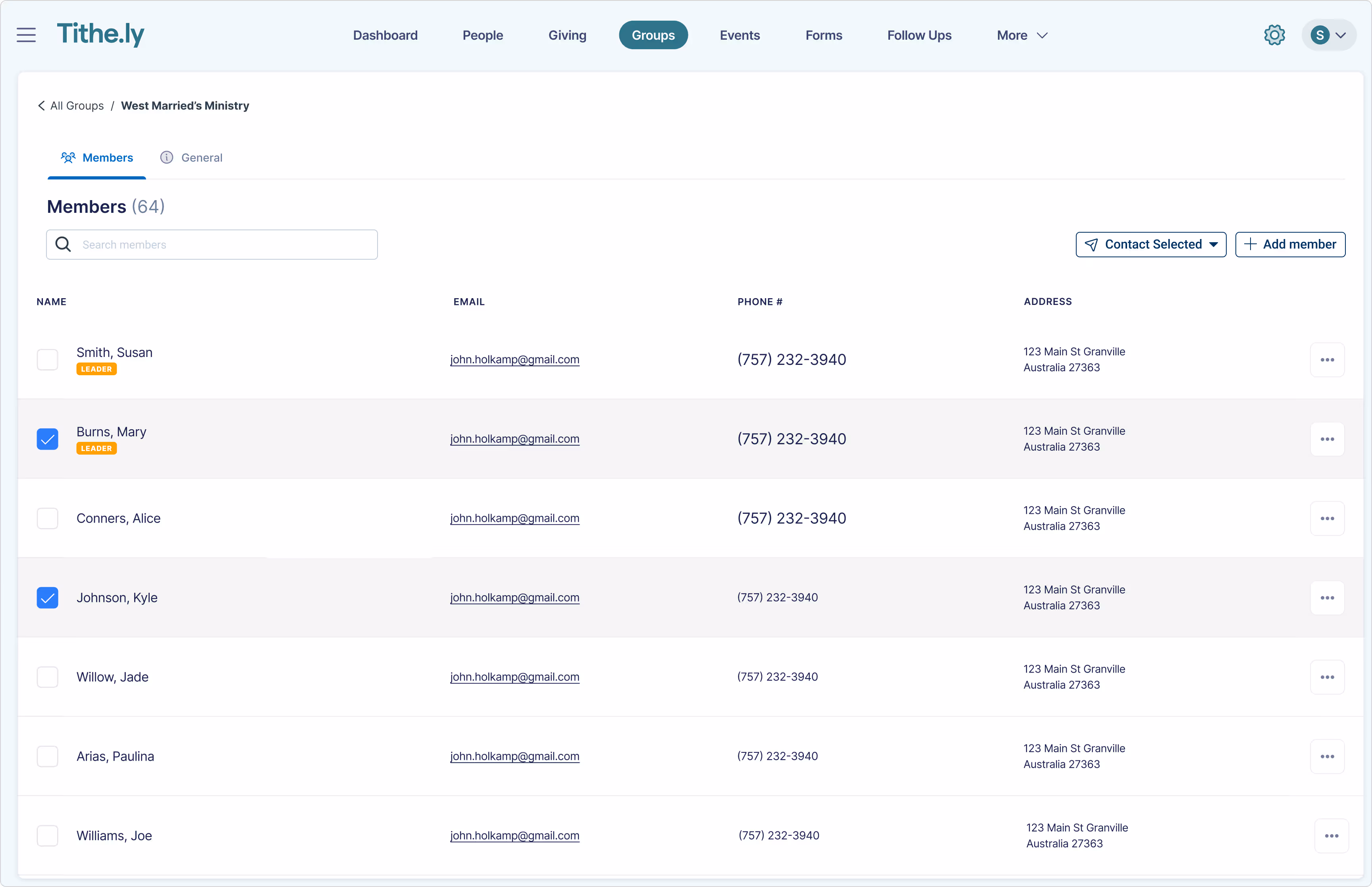 Tithely CHMS groups screenshot