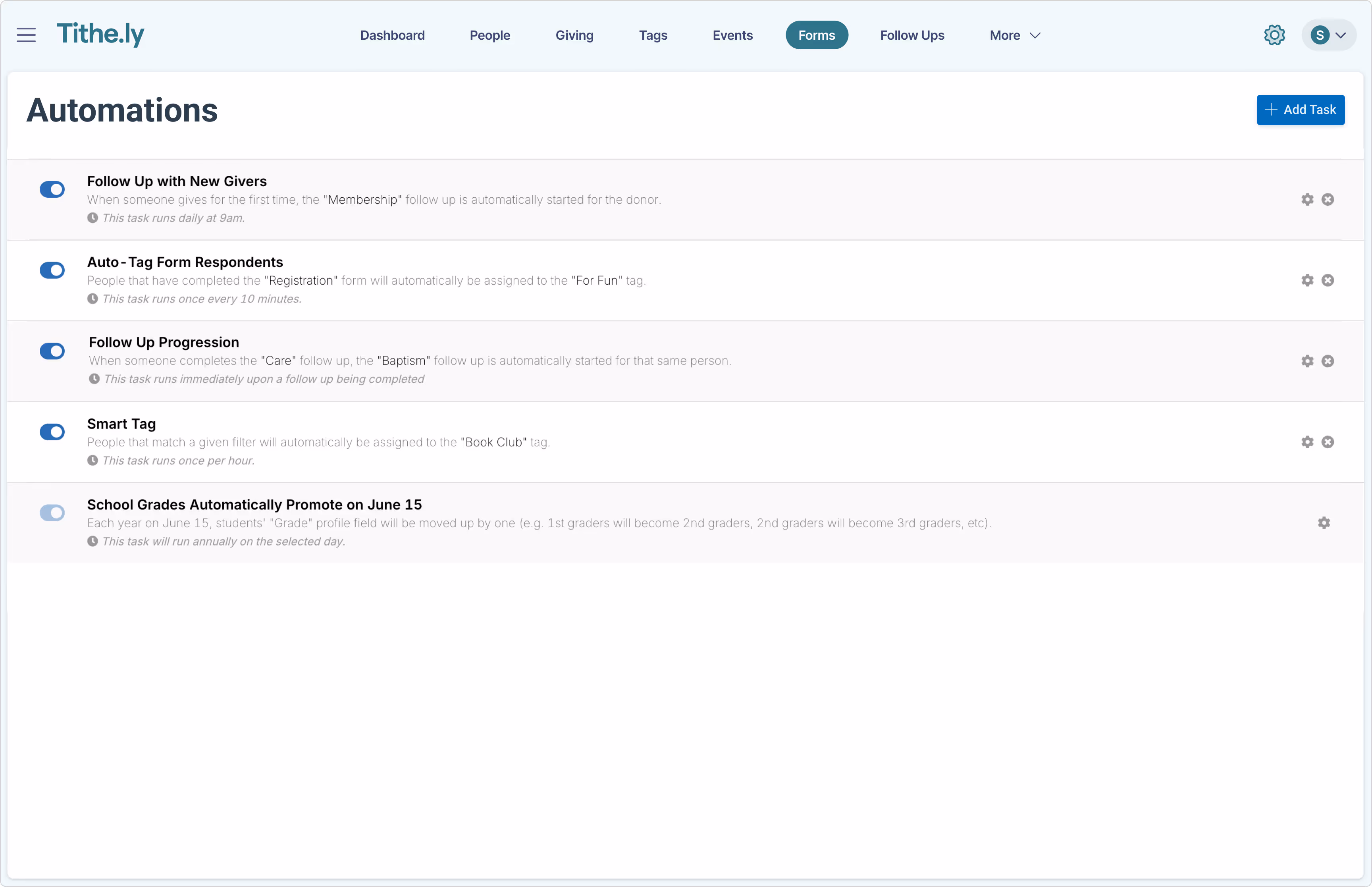 Tithely CHMS automations screenshot