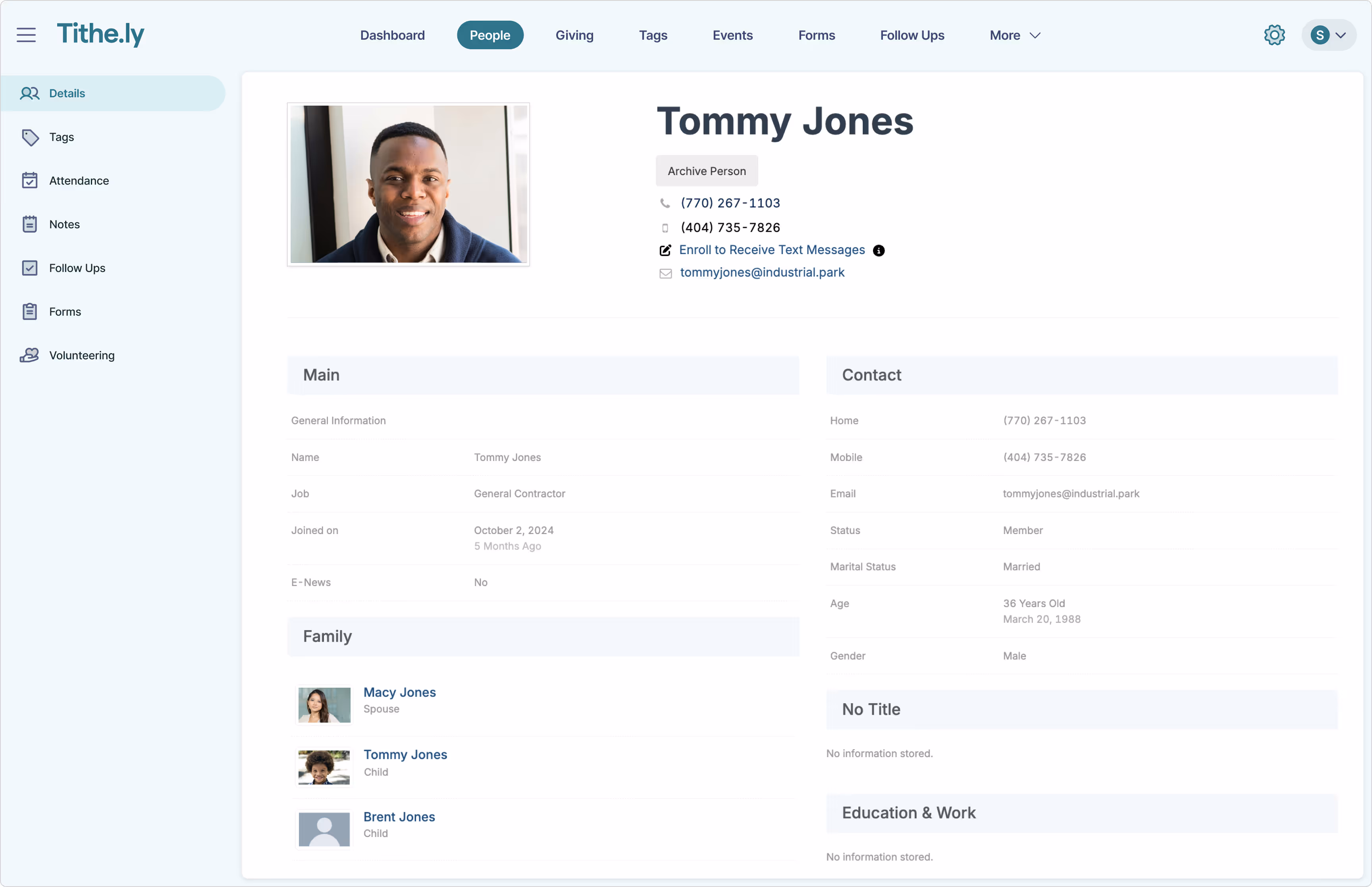 Tithely CHMS people profile screenshot