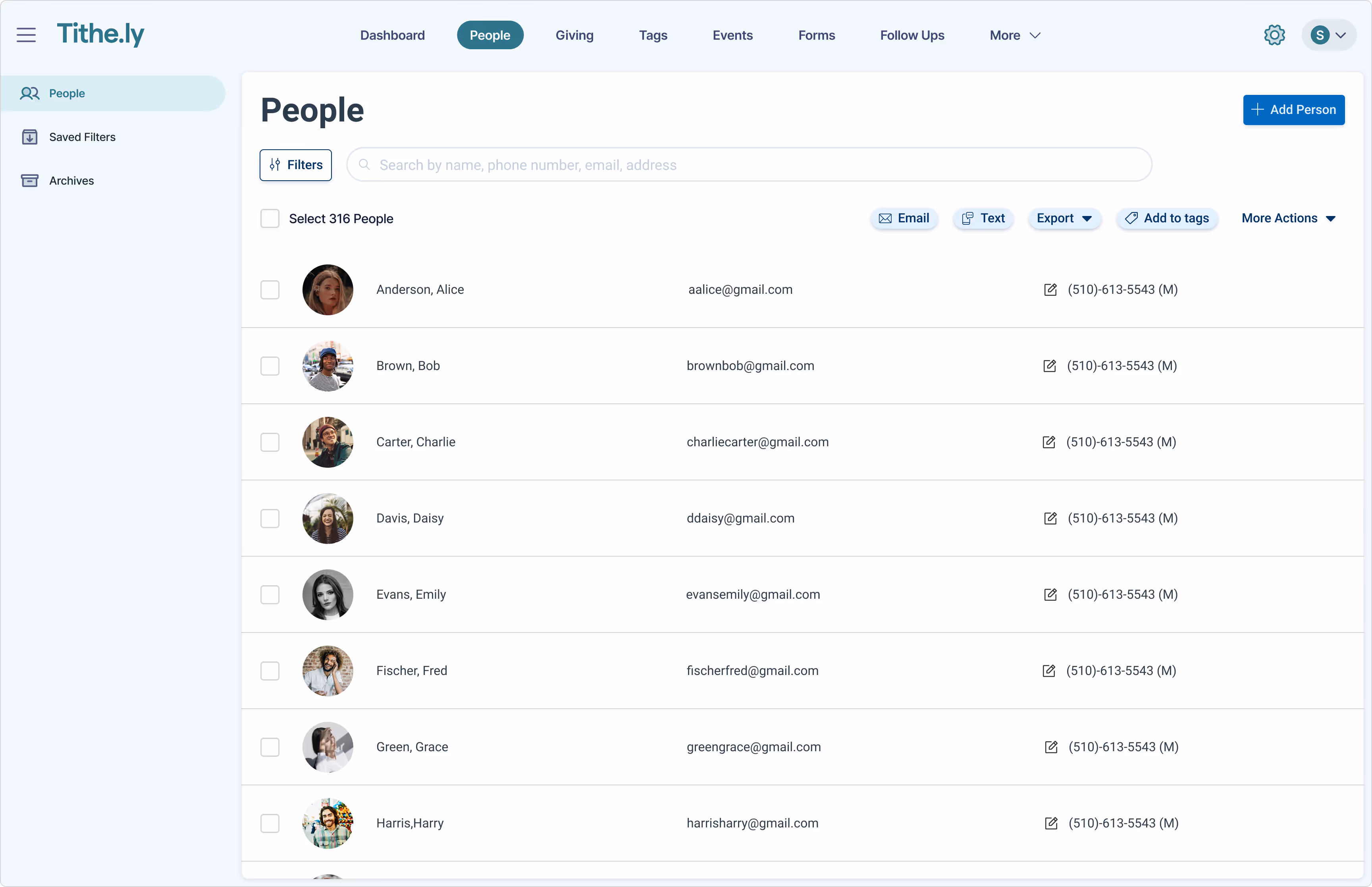 Tithely CHMS People directly screenshot