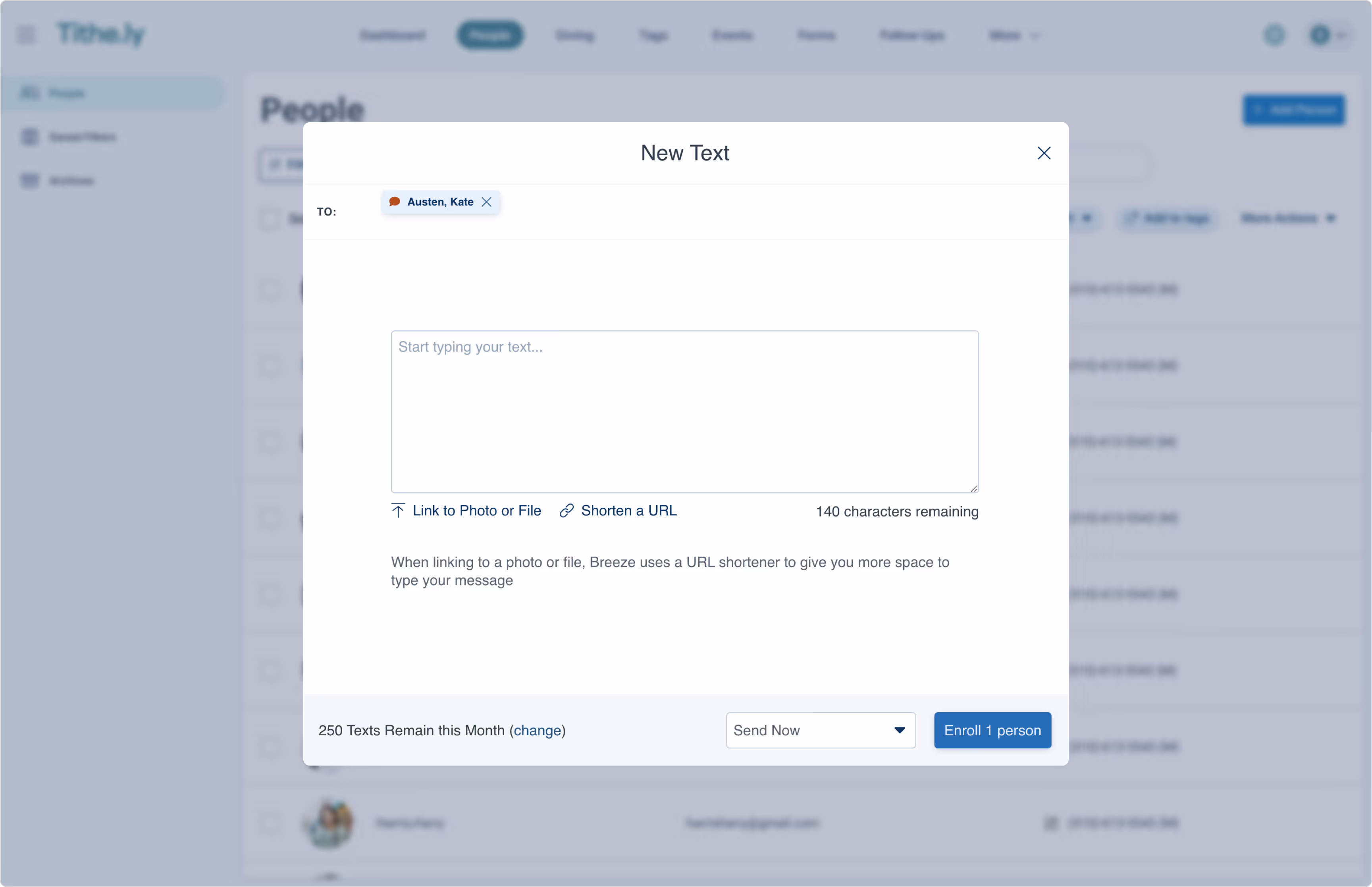 Tithely CHMS send text screenshot