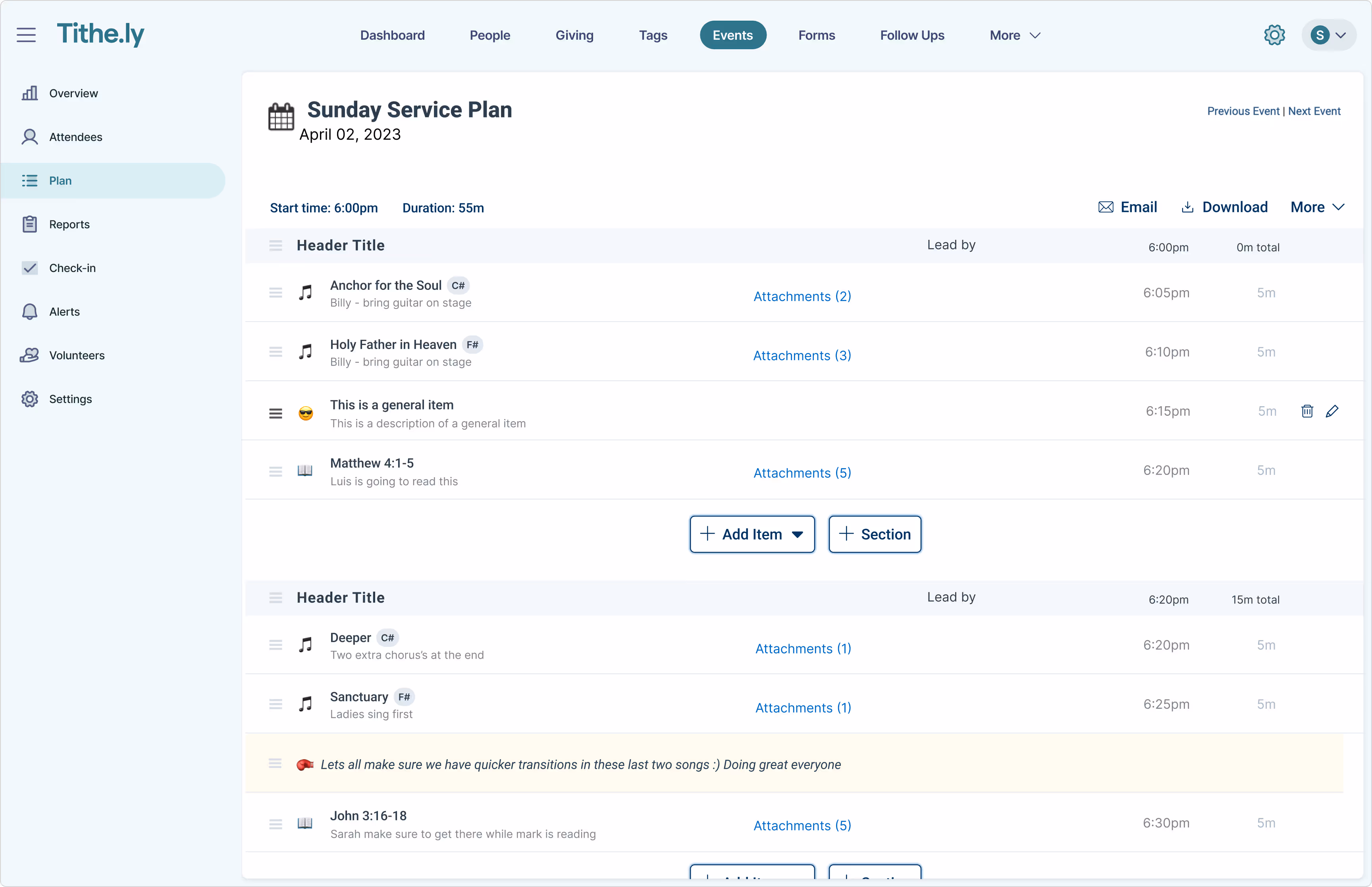 Tithely CHMS Service Planning screenshot