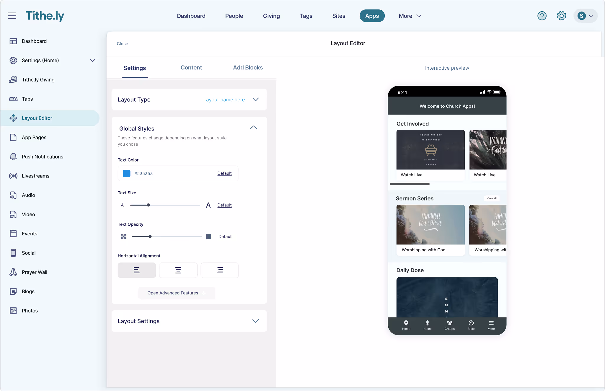 Tithe apps layout screenshot