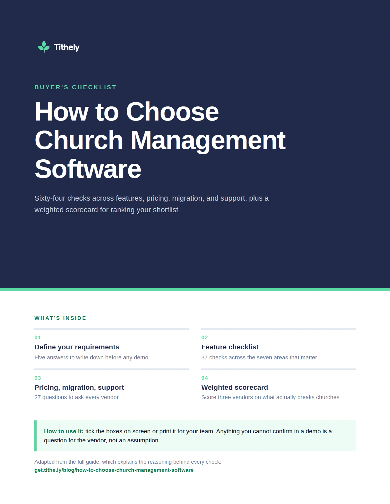 Cover of the Tithely church management software buyer's checklist PDF