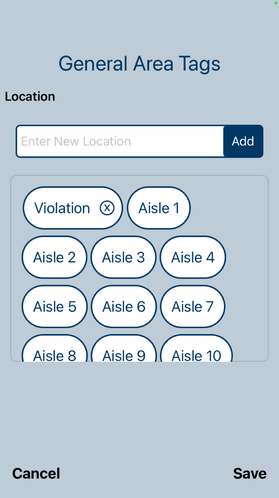 A screen showing tags that label aisles like in a grocery store