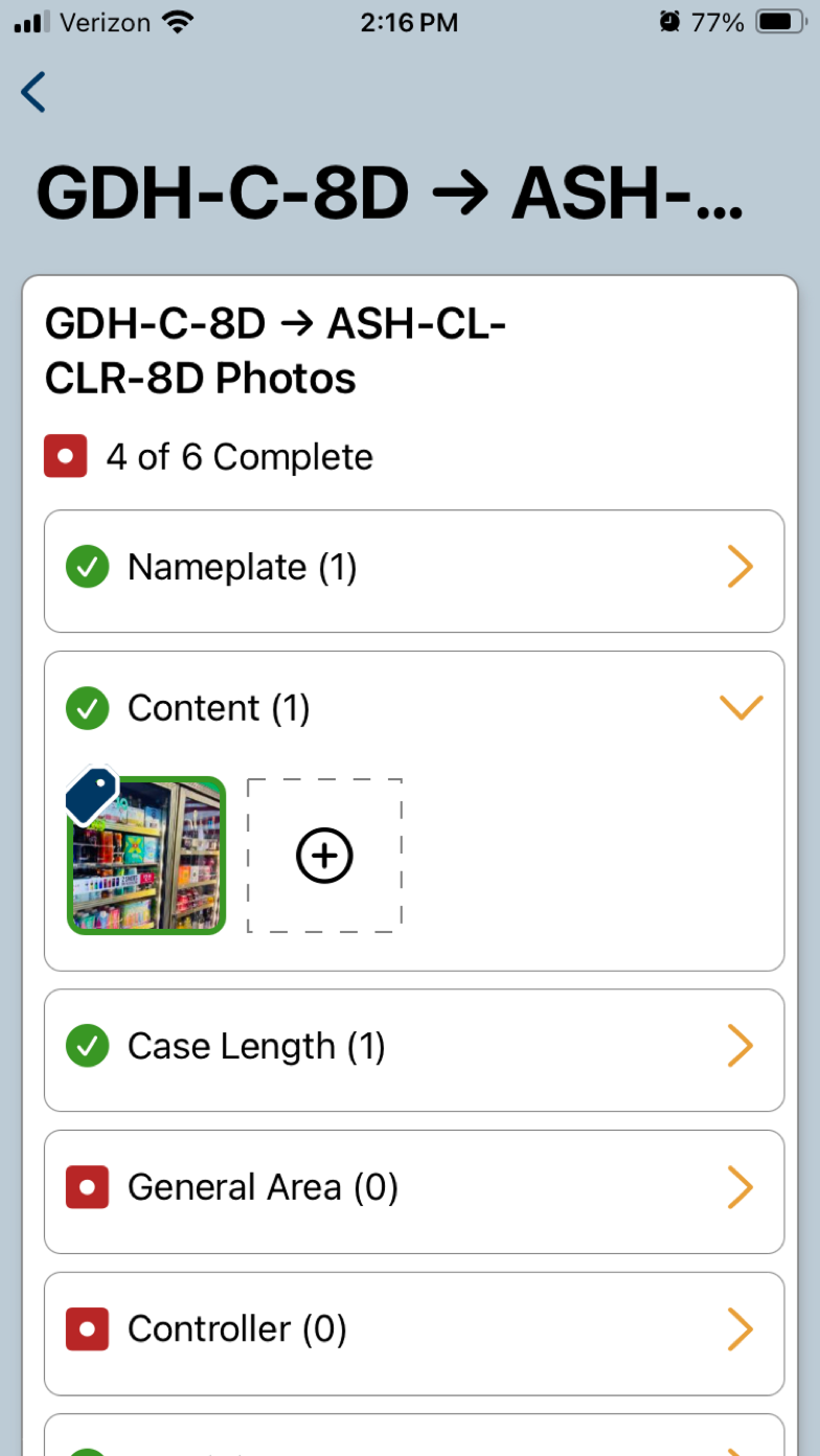 Phone screen with compartments and add buttons for taking photos