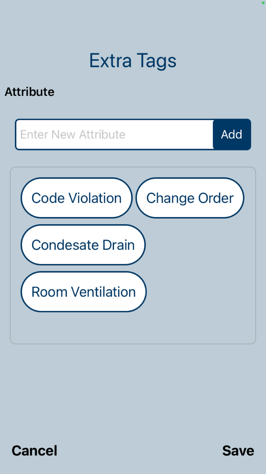Screen showing tag options, so that contractors can flag issues