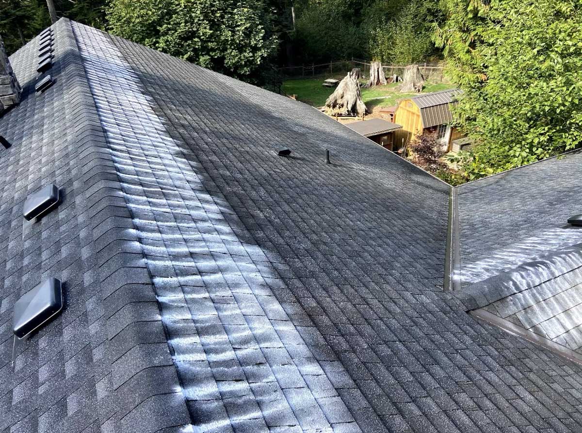 Cleaned roof with moss treatment sprayed along roof peaks.