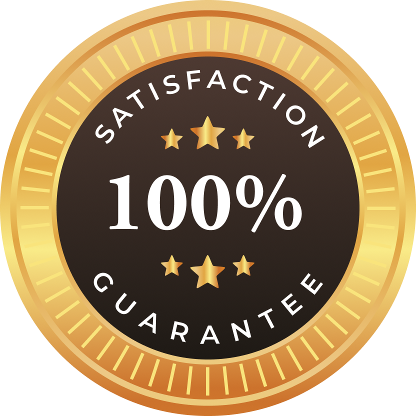 A gold seal with the words 100% satisfaction guarantee on it.