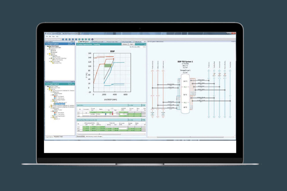 Laptop displaying industrial software interface with graphs and a technical flow diagram.