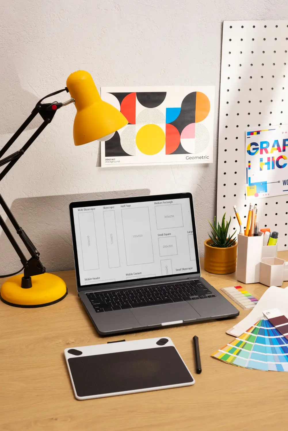 Web designer creating website wireframes with sketches and color swatches